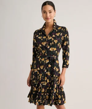 Shirts|Dresses>UNTUCKit Pleated Janice Midi Shirt Dress Black Gold Floral
