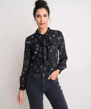 Shirts|Dresses>UNTUCKit Star Print Tie-Neck Colette Shirt Black Star Print
