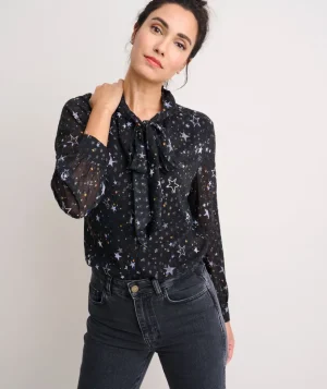 Shirts|Dresses>UNTUCKit Star Print Tie-Neck Colette Shirt Black Star Print